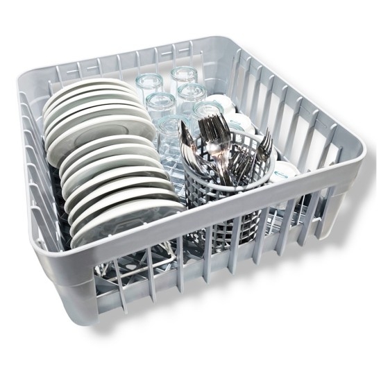 Cesta para vasos 35x35 con soporte para platillos y cestillo redondo para cubiertos